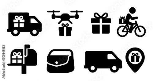 Holiday gift delivery icons - drone, truck, bike, mailbox, location