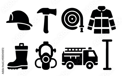 Firefighting equipment icons: helmet, hose, truck, jacket, boot