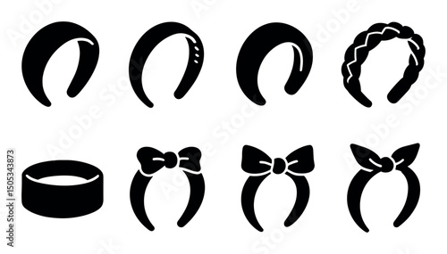 Set of eight black hair accessories silhouettes on white background