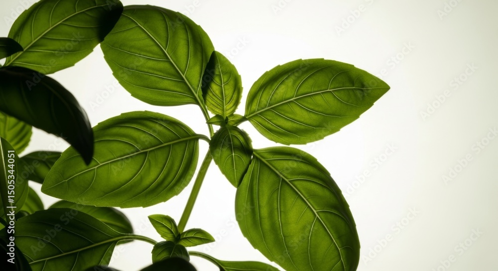 Fototapeta premium Backlit basil leaves with slight translucency on off-white background