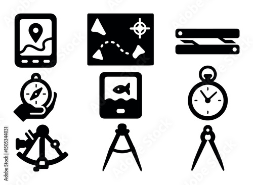 Navigation tools icons: map, compass, stopwatch, divider, gps