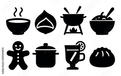 Cooking icons set: soup, chestnut, fondue, gingerbread, dumpling