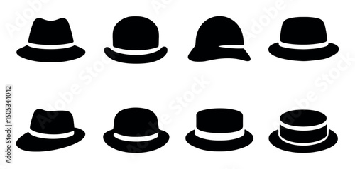 Variety of classic hat silhouettes: fedora, bowler, cap, top hat