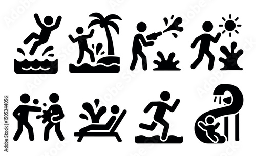 Black and white stick figures enjoying various summer water activities