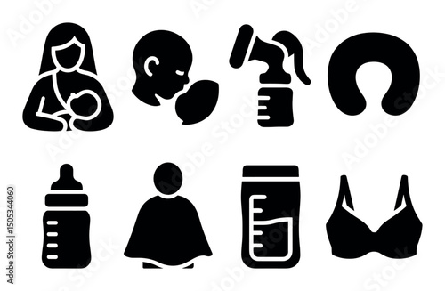 Breastfeeding and baby care icons: pump, bottle, nursing pillow