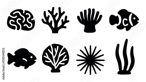 Marine icons: fish, coral, seaweed, and shell silhouettes