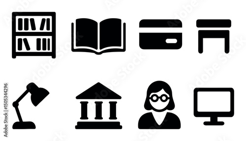 Library icons: bookshelf, open book, card, desk, lamp, building, pc