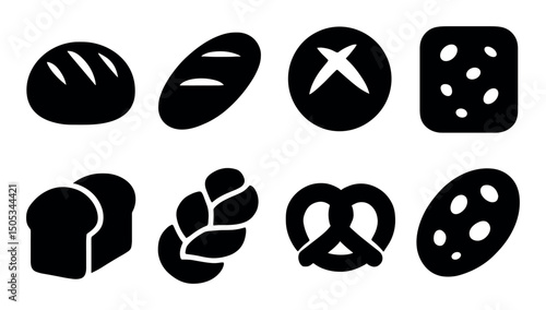 Silhouette icons of various bread types: loaves, baguette, pretzel