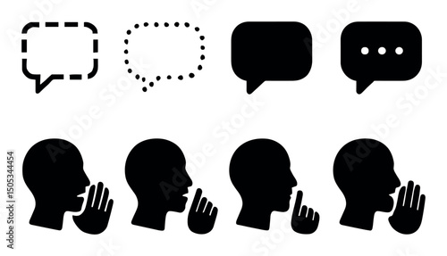 Black silhouette speech and gesture icons on white background