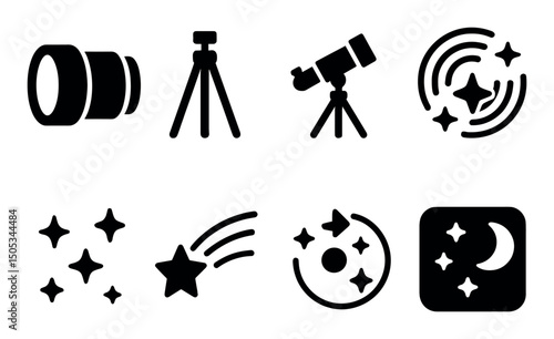 Astronomy icons set: telescope, tripod, stars, night sky symbols
