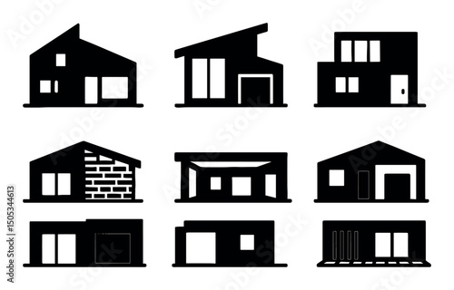 Set of nine unique modern house silhouettes in various styles