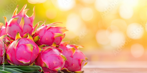 Fresh dragon fruit pitaya with golden bokeh background. Exotic tropical fruit and vacation concept. Image for banner and poster with copy space.