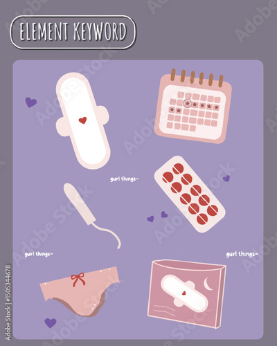 Flat Feminine Hygiene Vector Set for Period Awareness, Reproductive Health Education, and Women's Wellness Campaign Visual Content
