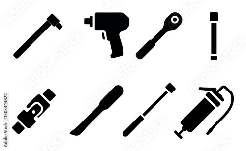 Various black tool silhouettes on white background