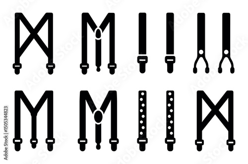 Various black suspenders icons on white background