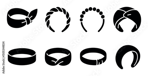 Set of eight stylish hairbands and headbands in black silhouettes