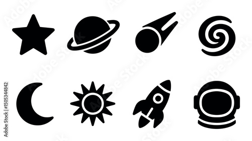 Space icons: star, planet, comet, spiral, moon, sun, rocket, helmet