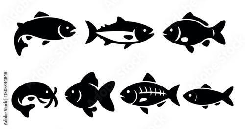 Silhouette fish icons variety set on white background