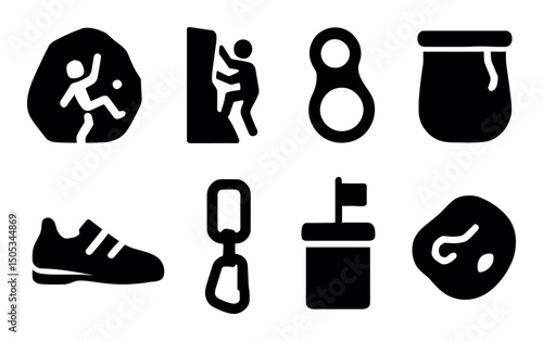 Rock climbing gear icons: shoes, chalk bag, carabiner, holds