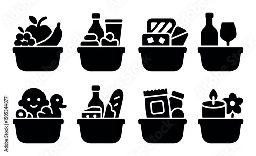 Eight black food and drink silhouette icons in bowls
