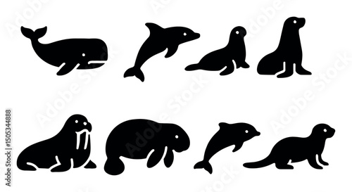 Silhouette icons of marine mammals: whale, dolphin, seal, walrus