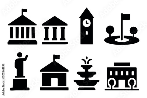 Collection of cityscape icons: buildings, monuments, fountain, park