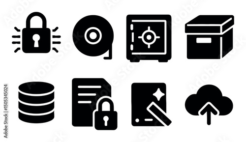 Data security icons: lock, safe, cloud, and file protection