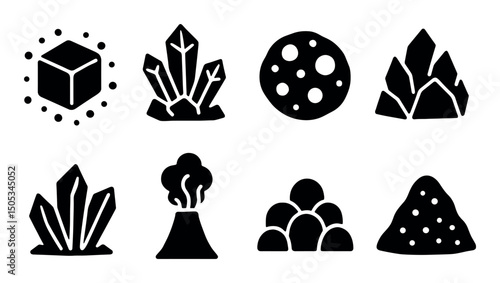 Set of geological icons: minerals and volcanic formations