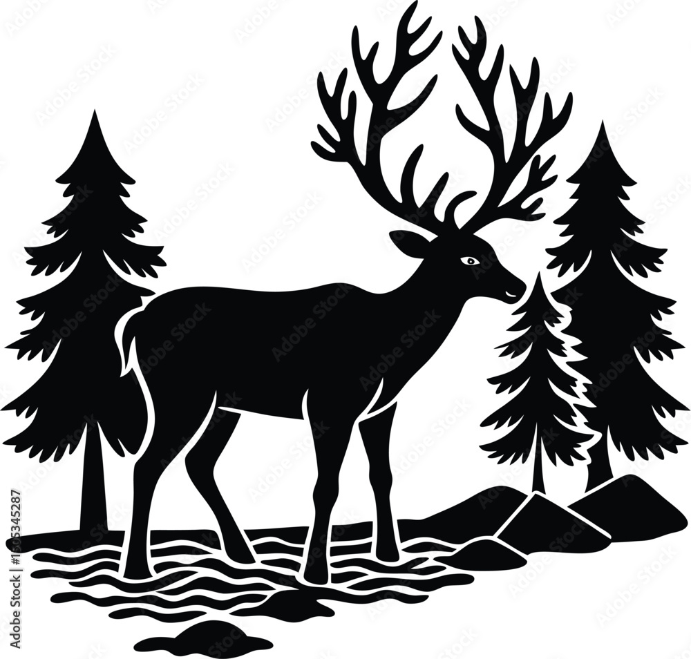 Obraz premium Deer Drinking Water From Forest River Silhouette