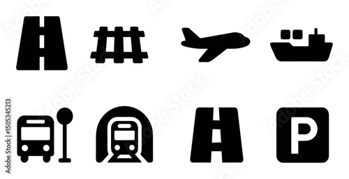 Transportation icons: road, train, airplane, ship, bus, parking
