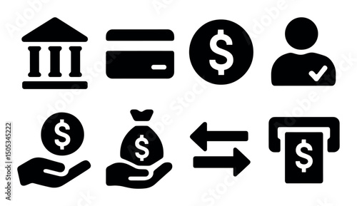 Finance icons: bank, credit card, money, transactions, atm
