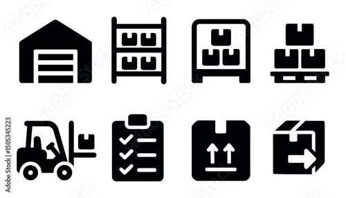 Warehouse icon set showing storage, forklift, boxes, inventory