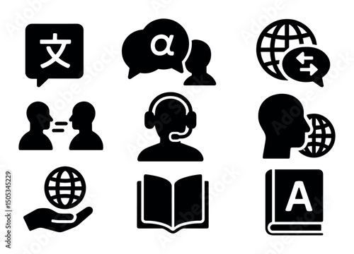 Language and communication icons featuring globes and speech bubbles