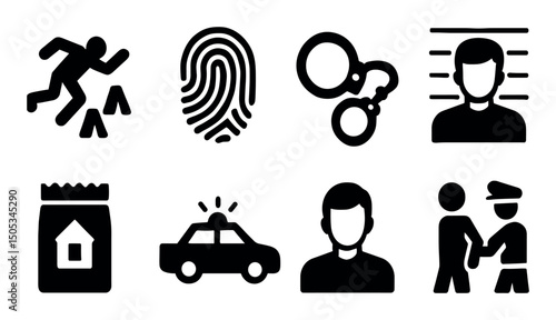 Crime icons: fingerprint, mugshot, handcuffs, police car, arrest