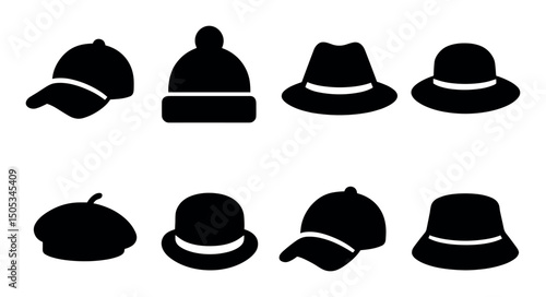 Various hat silhouettes including caps, fedora, and bowler