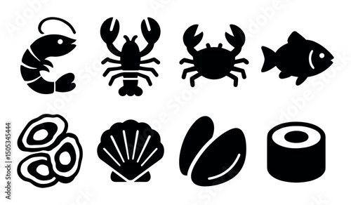 Silhouette icons of seafood: shrimp, crab, fish, shellfish variety