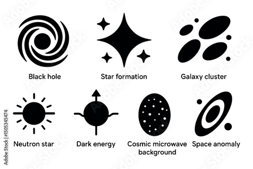 Illustrations of cosmic phenomena including black hole and neutron star