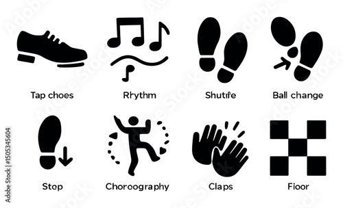 Tap dance icons: shoes, rhythm, steps, choreography, claps