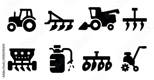 Silhouette icons of farming equipment and agriculture tools