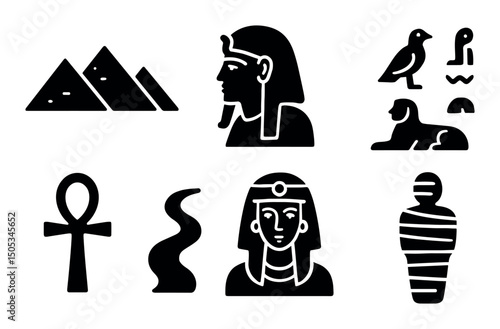 Ancient egyptian icons: pyramids, ankh, pharaoh, sphinx, mummy