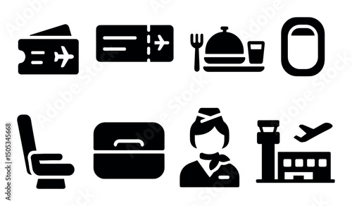 Airline travel icons: ticket, meal, window, seating, airport staff