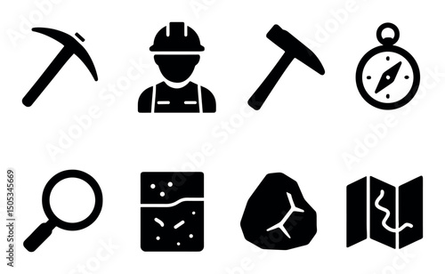 Mining tools and equipment icons in black and white illustrations