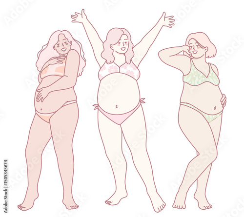An illustration of diverse, expectant mothers in fashionable swimwear, joyfully celebrating body positivity