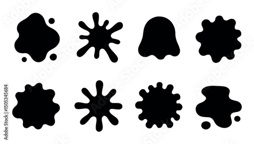 Black ink blot collection in various abstract shapes on white background