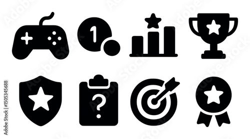 Set of 8 gaming and achievement icons: trophy, controller, shield