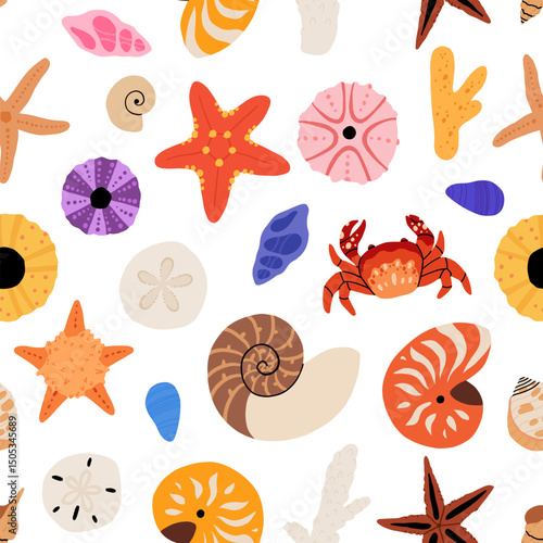 Seamless pattern with sea shells, mollusks, starfish. Tropical beach shells. Summer seamless pattern. Vector illustration in flat modern style