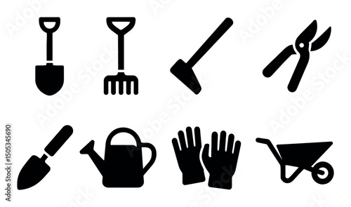 Set of black gardening tool icons: shovel, rake, pruners, wheelbarrow