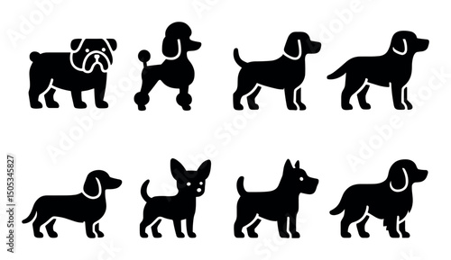 Silhouette set of eight distinct dog breeds in black profile