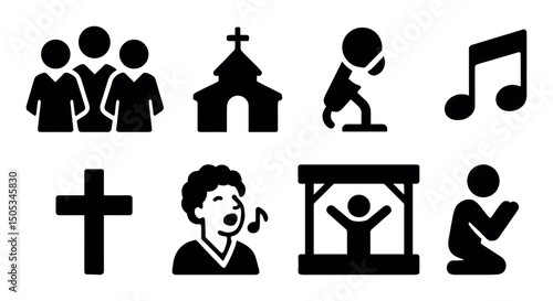 Christian worship symbols: choir, church, prayer, gospel, music
