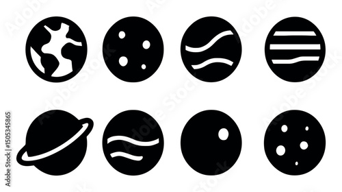 Simple black icons of planet designs in circular shapes